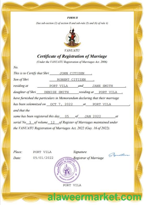 Vanuatu marriage certificate Word and PDF template